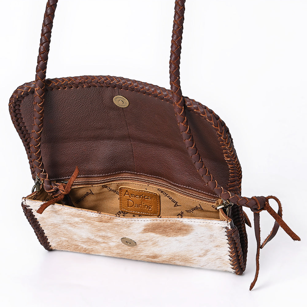 ADBGM633 Western Clutch Crossbody - Hair-On Leather Bag with Cowboy Motif & Braided Strap