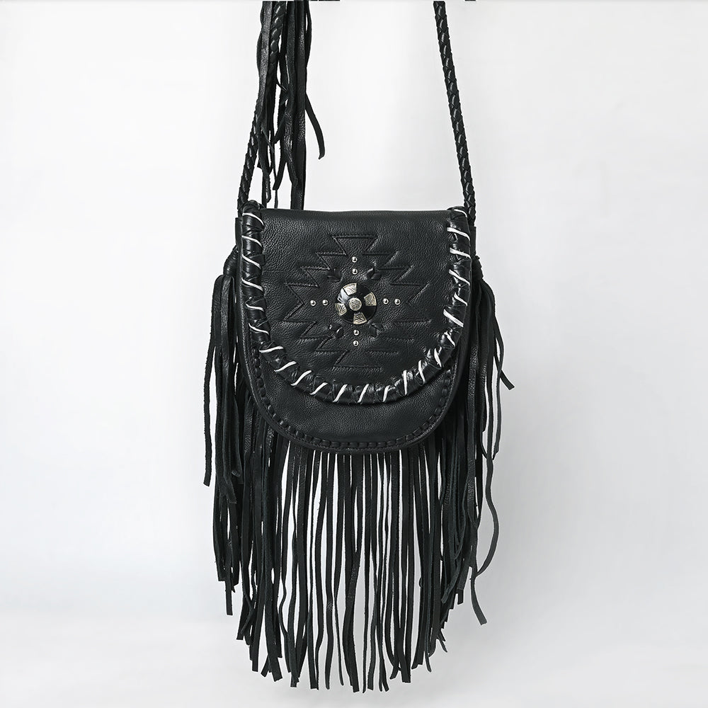 ADBGM635 Western Fringe Crossbody - Black Leather Bag with Tribal Stitch, Concho, and Whipstitch Detail