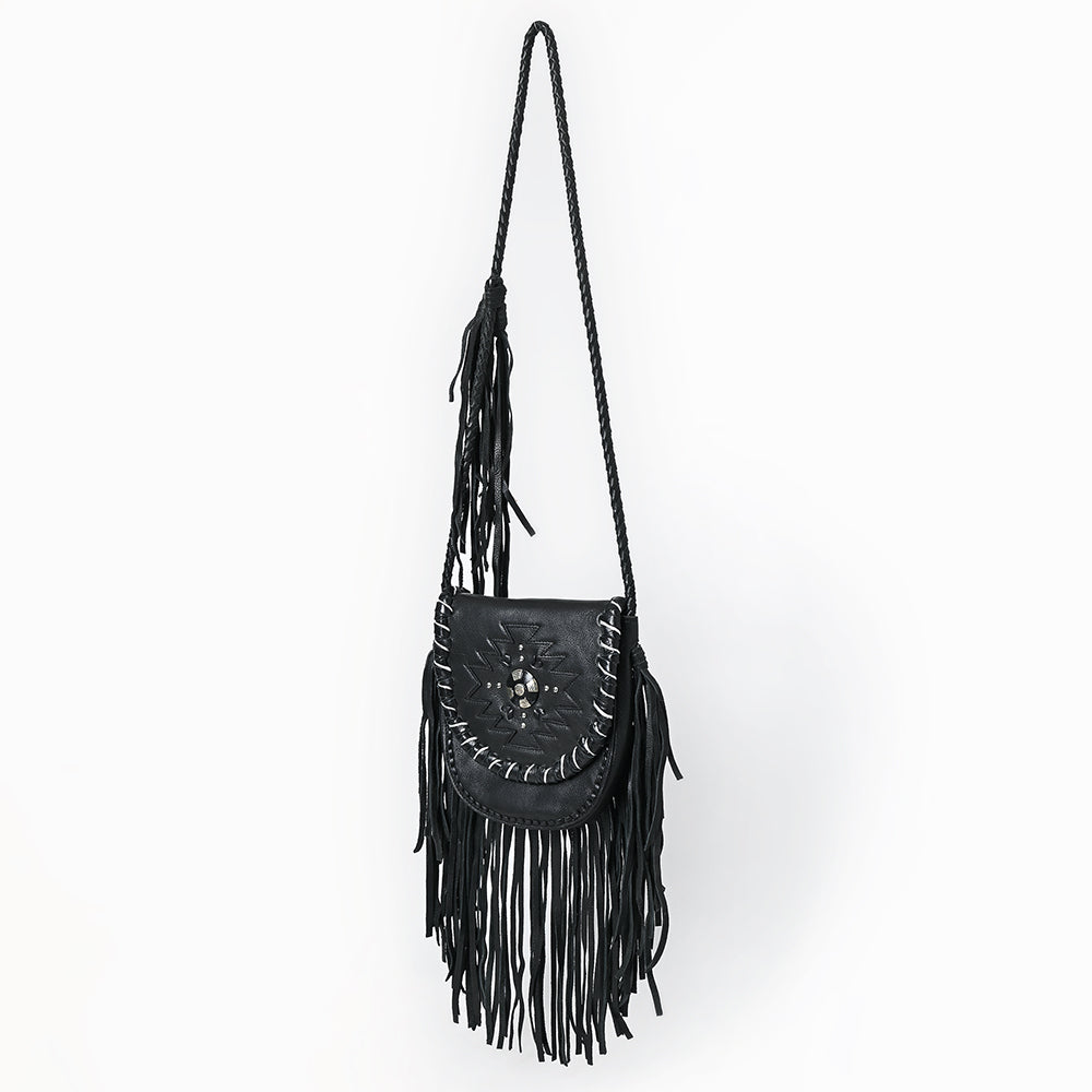 ADBGM635 Western Fringe Crossbody - Black Leather Bag with Tribal Stitch, Concho, and Whipstitch Detail