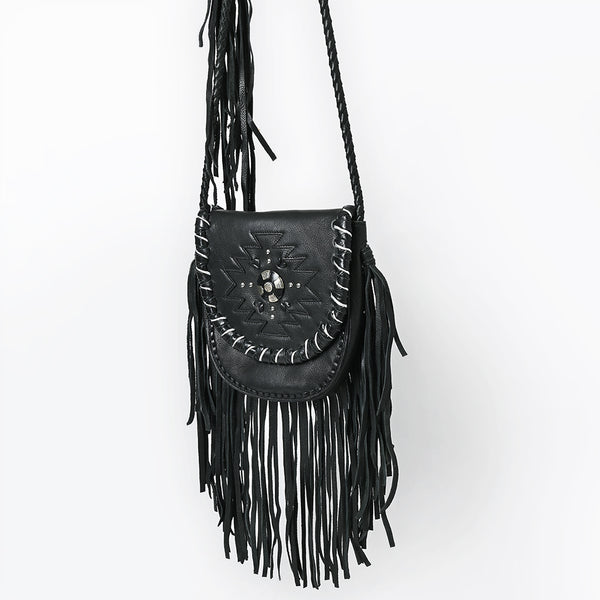 ADBGM635 Western Fringe Crossbody - Black Leather Bag with Tribal Stitch, Concho, and Whipstitch Detail