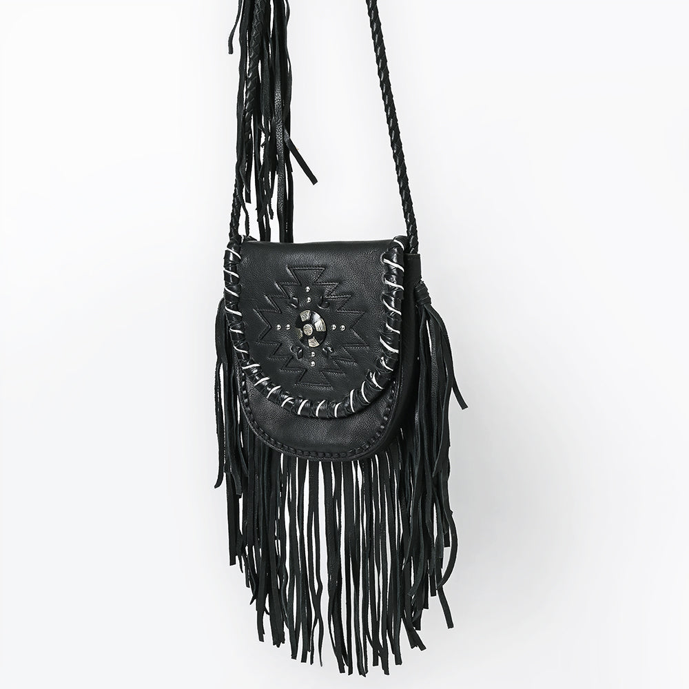 ADBGM635 Western Fringe Crossbody - Black Leather Bag with Tribal Stitch, Concho, and Whipstitch Detail