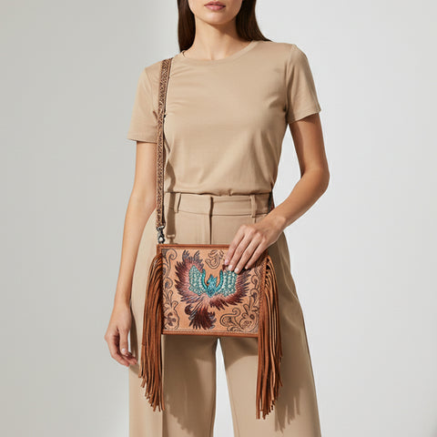 American Darling Western Leather Cross body Bag with Hand Tooled Floral Carving and Fringes