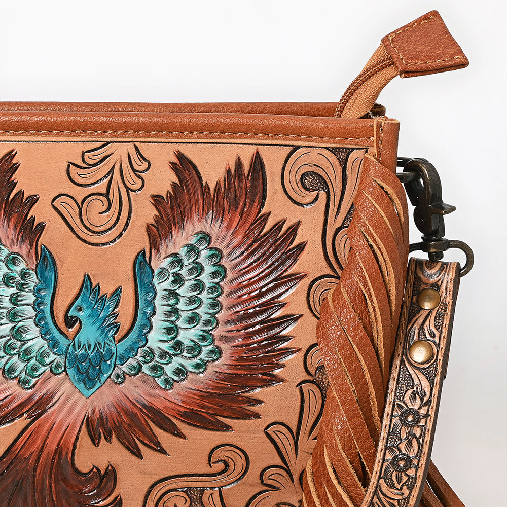 ADBG1730 Tooled Leather Crossbody Bag with Phoenix Design, Long Fringe & Floral Strap Western Artisan Style