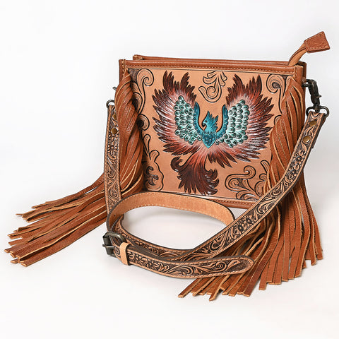 American Darling Western Leather Cross body Bag with Hand Tooled Floral Carving and Fringes