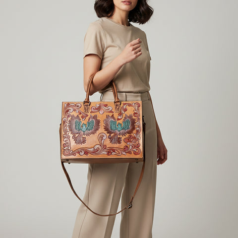 American Darling Western Leather Tote Bag with Hand Tooled Floral Carved