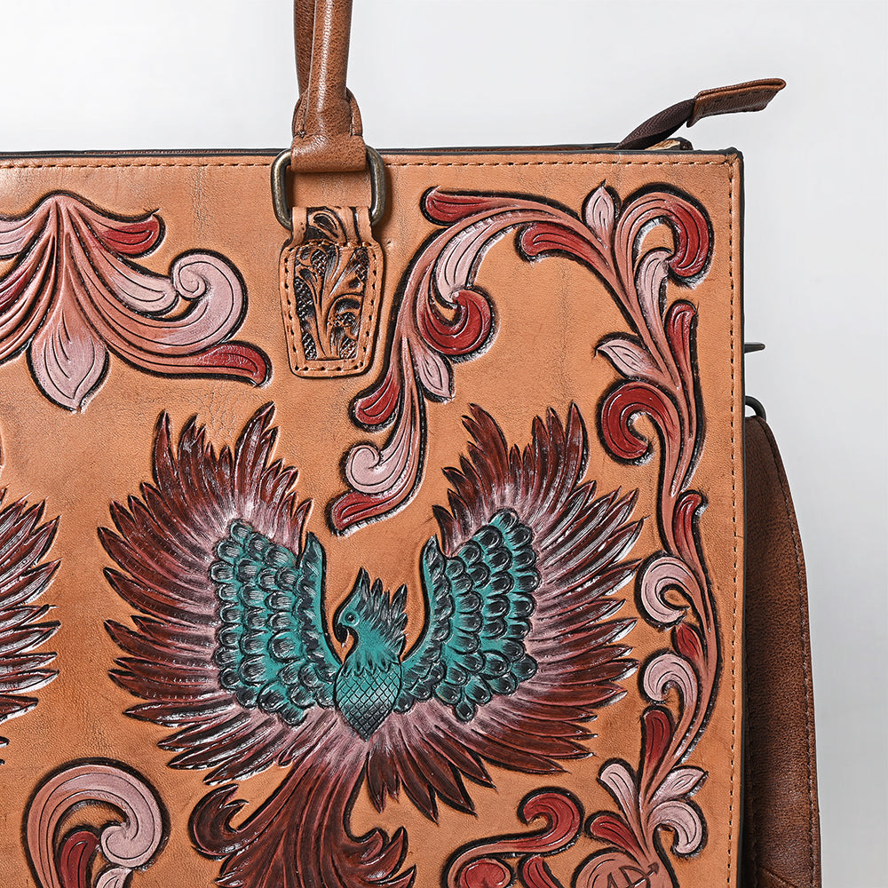 ADBG1731 Tooled Leather Western Tote with Double Phoenix Design & Scroll Embossing Tan