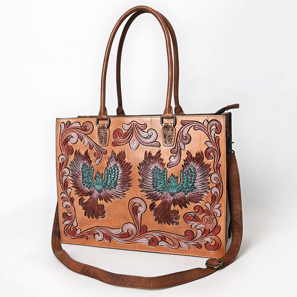 ADBG1731 Tooled Leather Western Tote with Double Phoenix Design & Scroll Embossing Tan