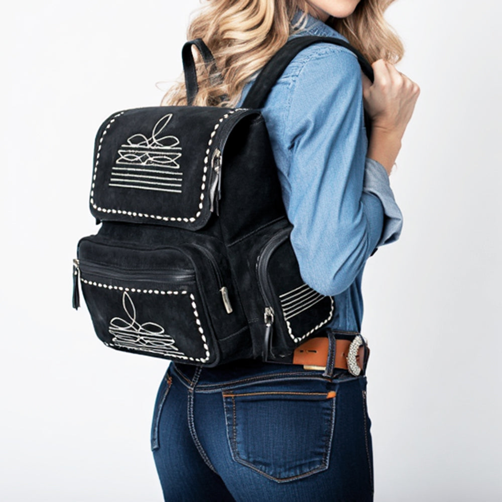 ADBGA795 Genuine suede Western Backpack - White Embroidered Stitch Design with Multi-Pockets