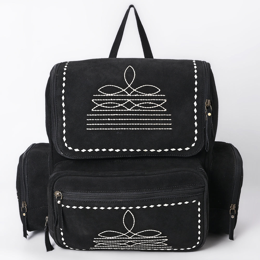 ADBGA795 Genuine suede Western Backpack - White Embroidered Stitch Design with Multi-Pockets