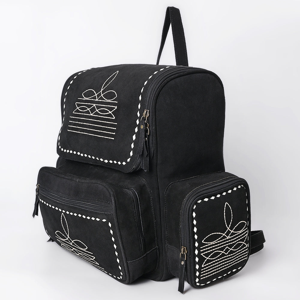 ADBGA795 Genuine suede Western Backpack - White Embroidered Stitch Design with Multi-Pockets