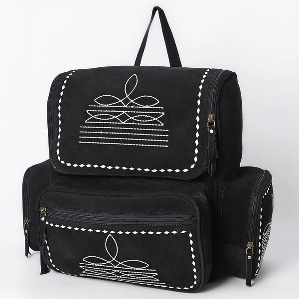 ADBGA795 Suede Western Backpack - White Embroidered Stitch Design with Multi-Pockets