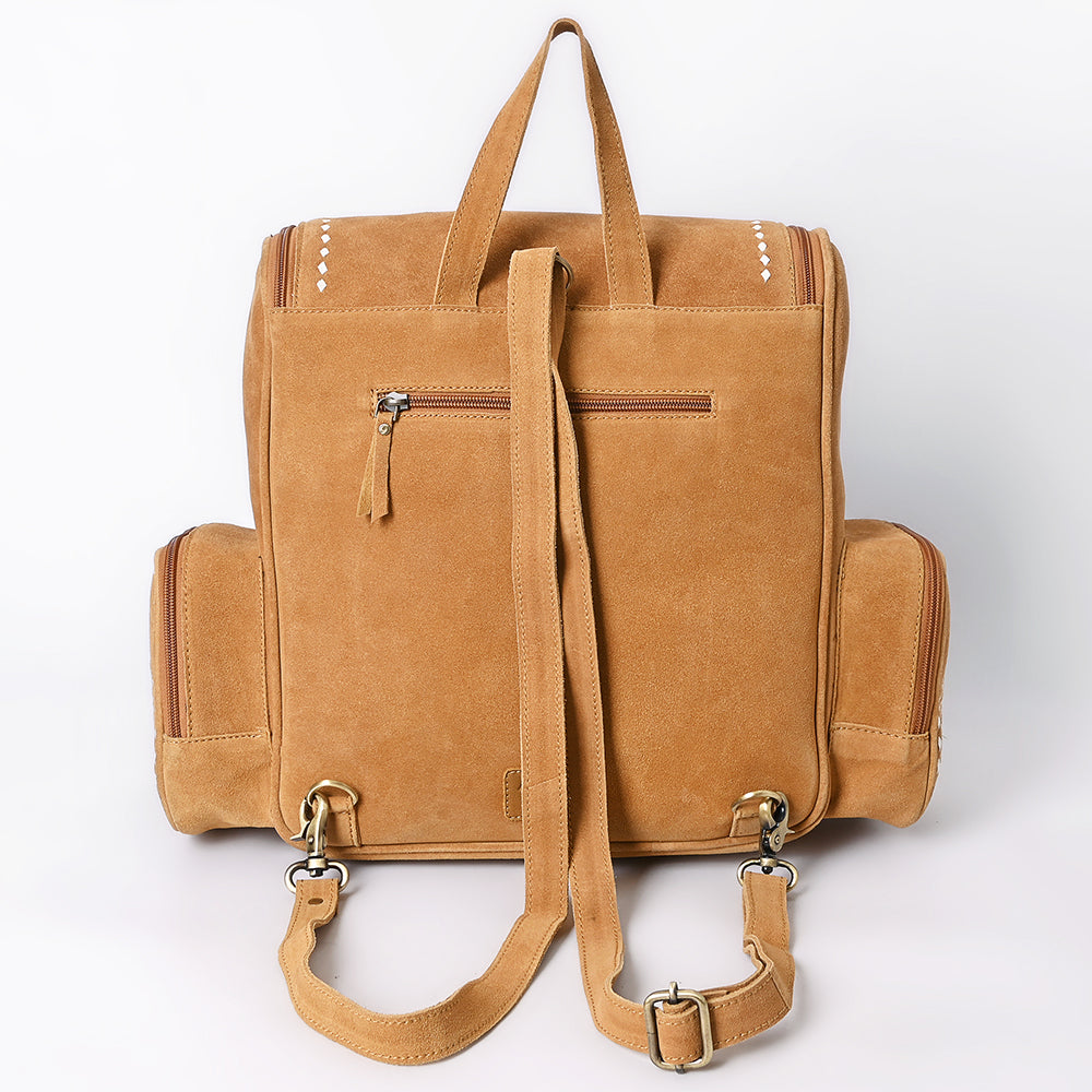 ADBGA795 Genuine suede Western Backpack - White Embroidered Stitch Design with Multi-Pockets