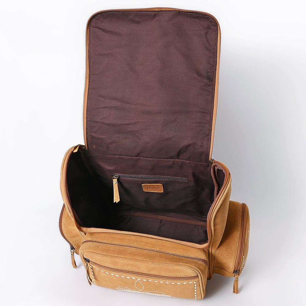 ADBGA795 Genuine suede Western Backpack - White Embroidered Stitch Design with Multi-Pockets