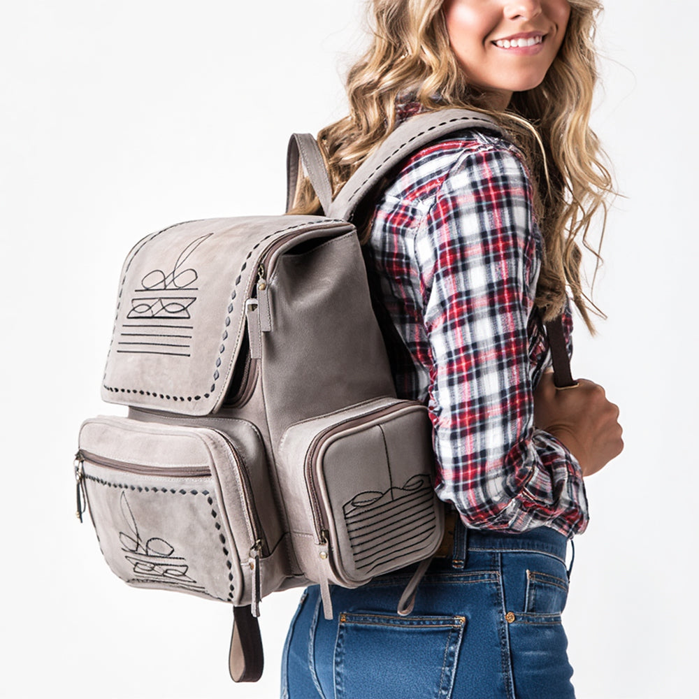 ADBGA795 Genuine suede Western Backpack - White Embroidered Stitch Design with Multi-Pockets