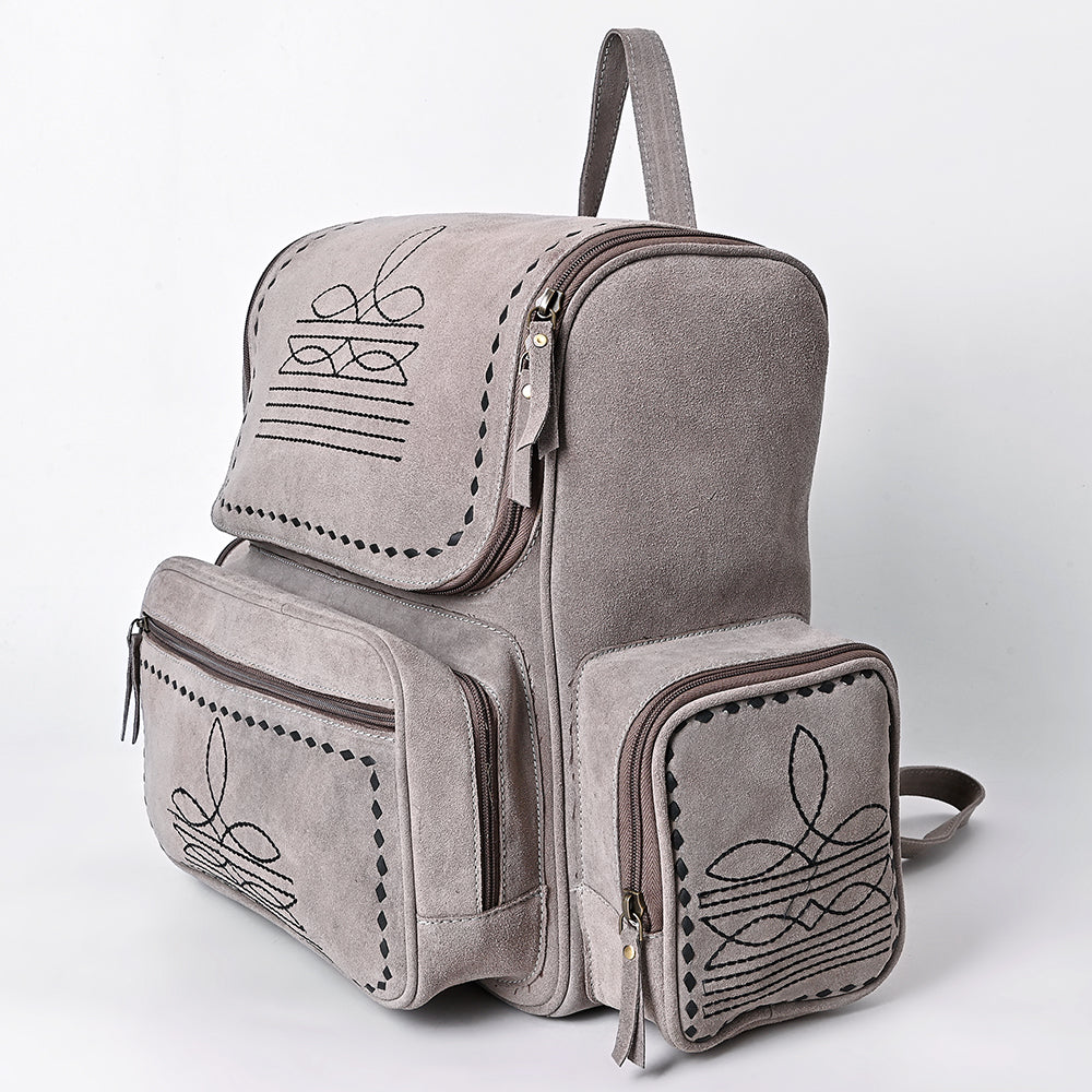 ADBGA795 Genuine suede Western Backpack - White Embroidered Stitch Design with Multi-Pockets