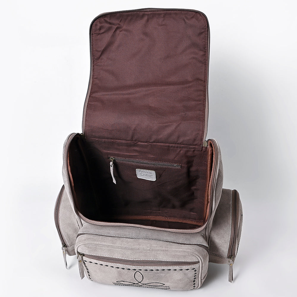 ADBGA795 Genuine suede Western Backpack - White Embroidered Stitch Design with Multi-Pockets