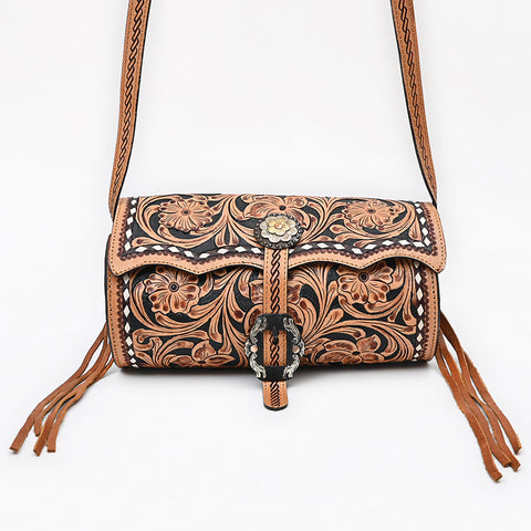 American Darling Hand Tooled Floral Leather Cross body Bag with Fringes