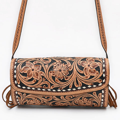American Darling Hand Tooled Floral Leather Cross body Bag with Fringes