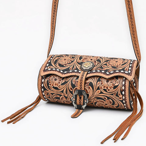 American Darling Hand Tooled Floral Leather Cross body Bag with Fringes
