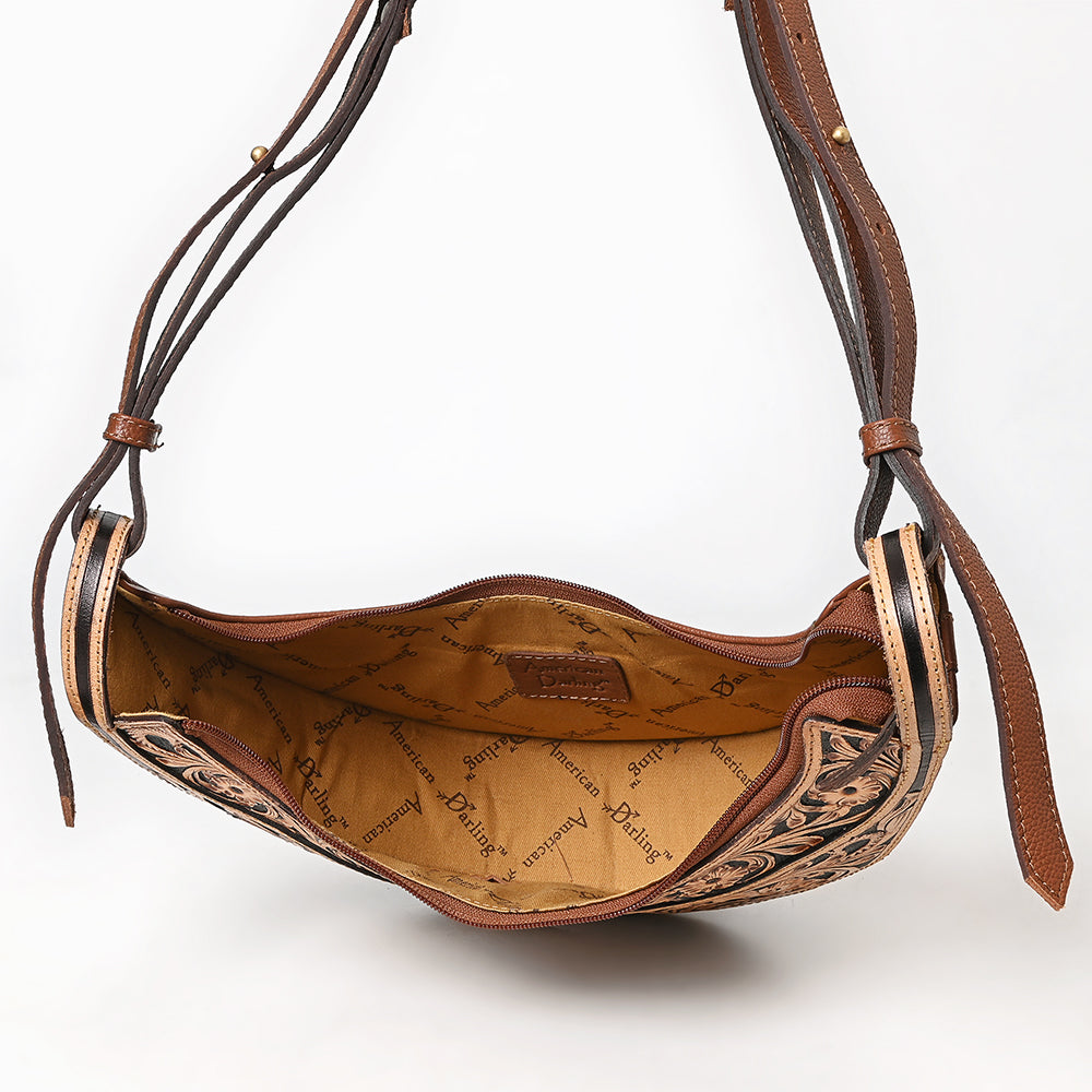 ADBGA797 Tooled Leather Crescent Crossbody Bag - Western Floral Hand-Carved Design