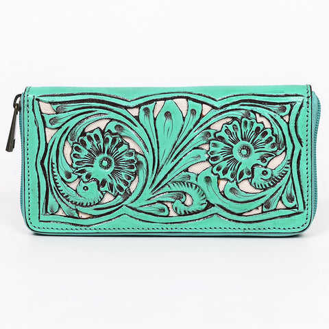 ADBGZ810 Hand-Tooled Leather Wallet - Western Floral Zip Wallet with Inlay
