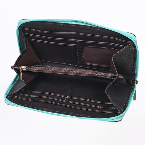 ADBGZ810 Hand-Tooled Leather Wallet - Western Floral Zip Wallet with Inlay
