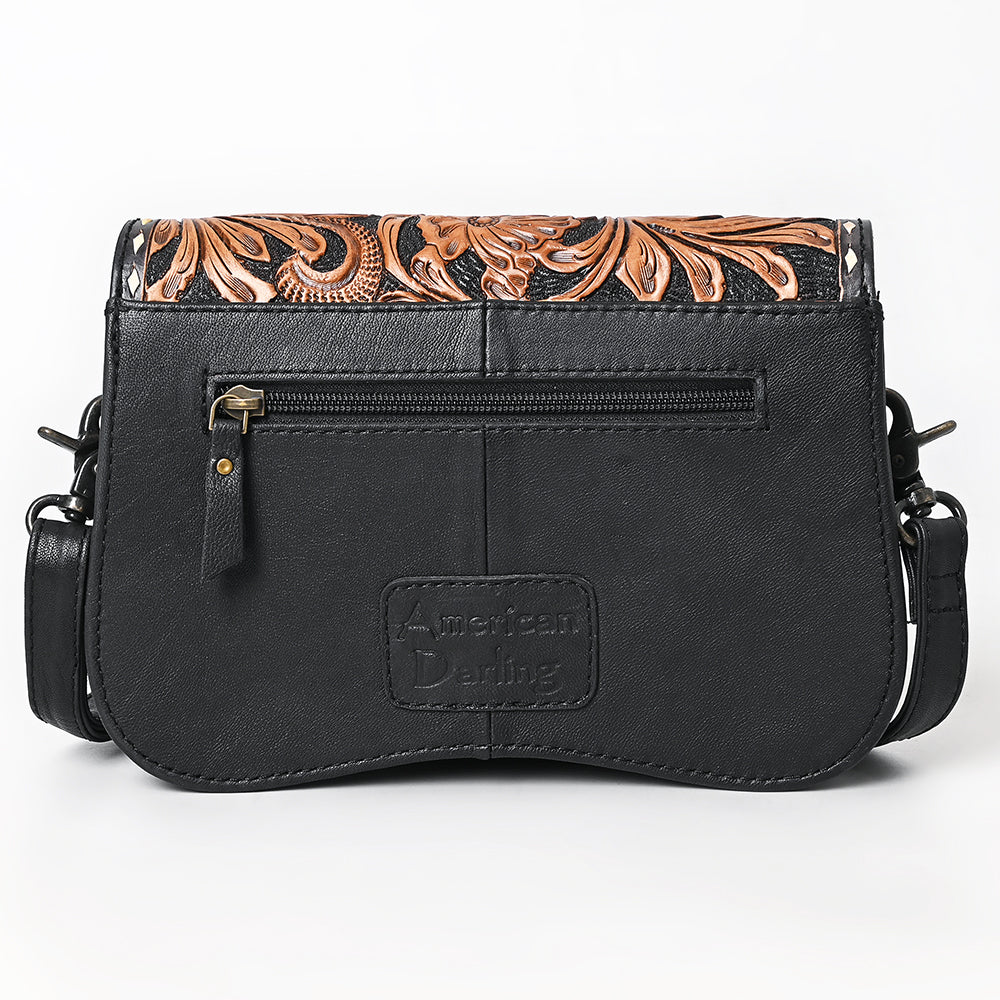 ADBG1734 Tooled Leather Crossbody Bag in Black & Tan Western Floral Scroll Design