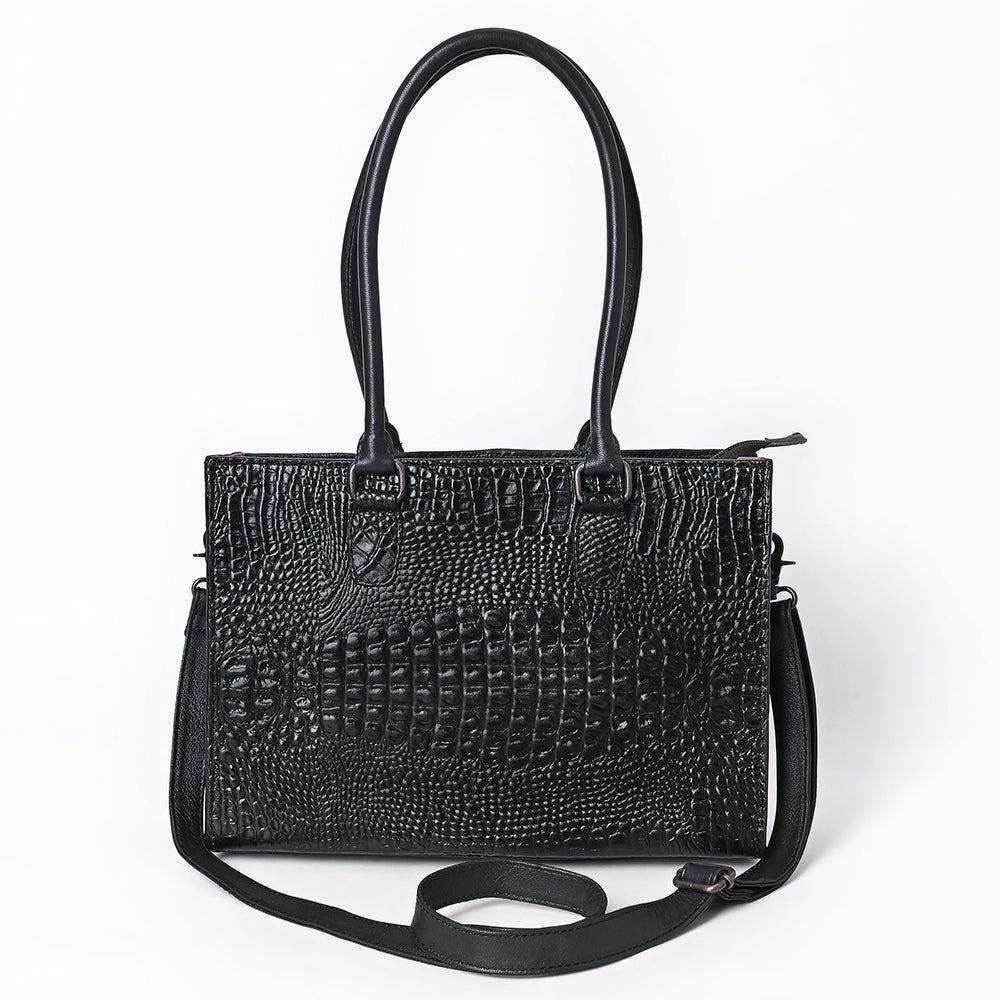 ADBG1737 Black Embossed Croc-Pattern Leather Tote with Dual Handles & Crossbody Strap
