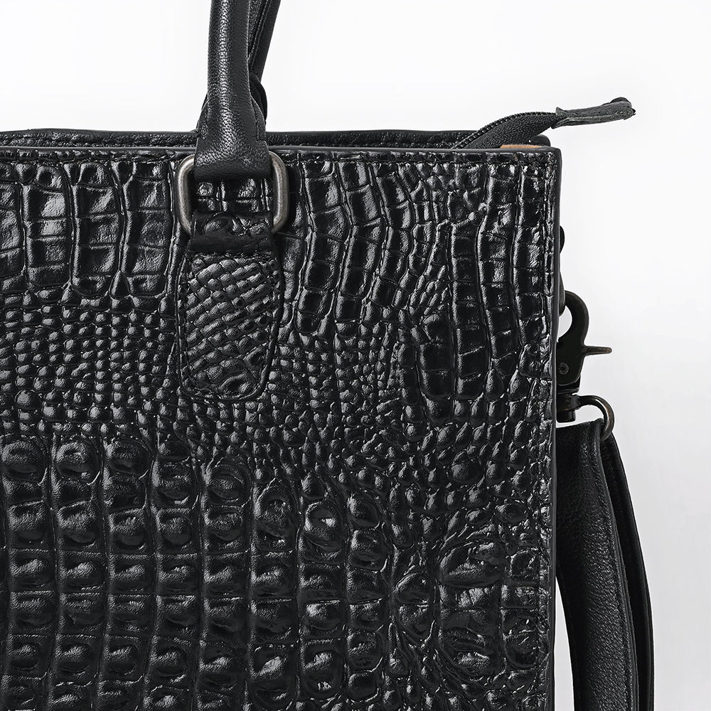 ADBG1737 Black Embossed Croc-Pattern Leather Tote with Dual Handles & Crossbody Strap