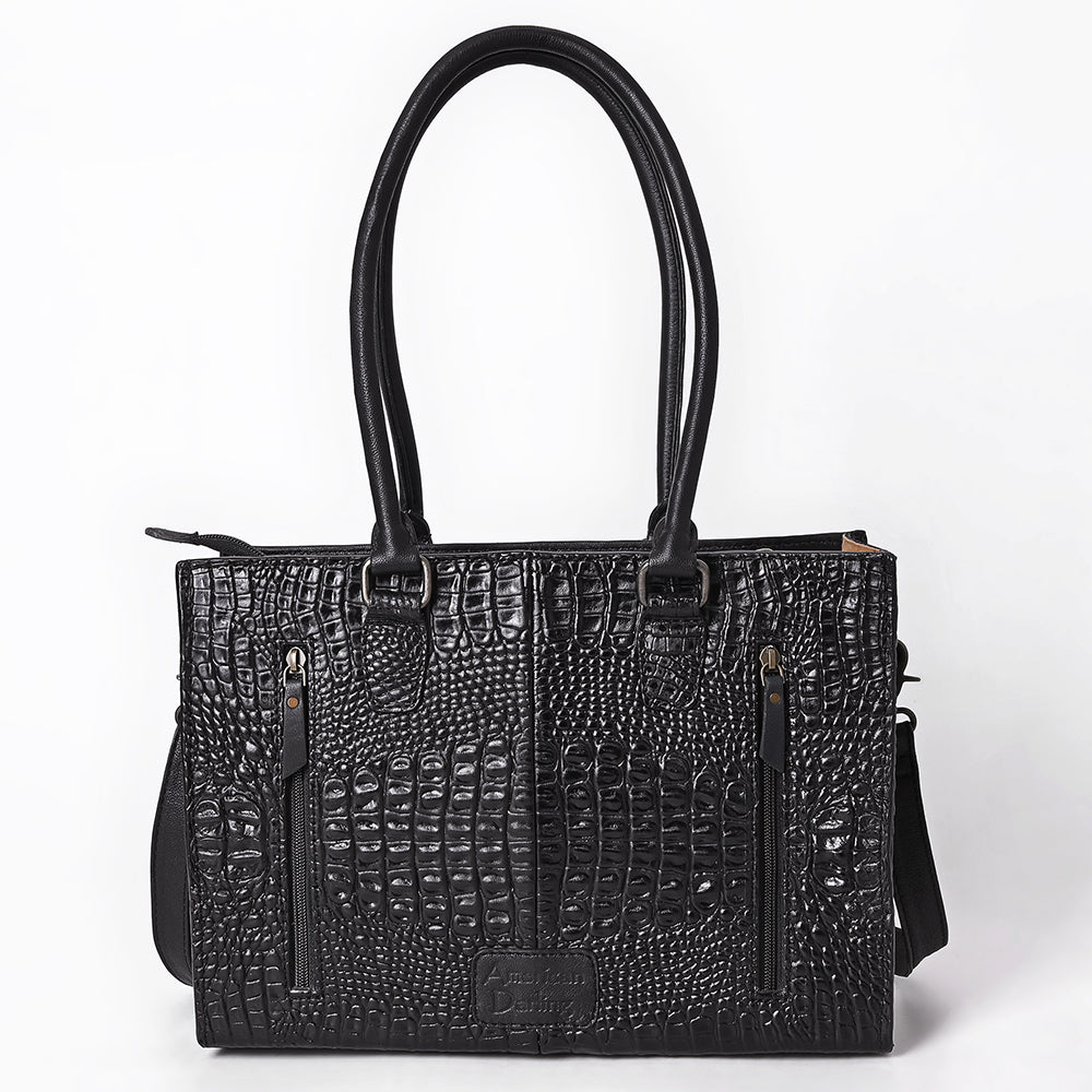 ADBG1737 Black Embossed Croc-Pattern Leather Tote with Dual Handles & Crossbody Strap