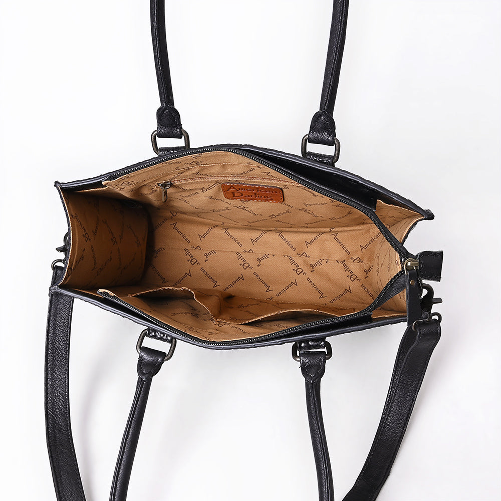 ADBG1737 Black Embossed Croc-Pattern Leather Tote with Dual Handles & Crossbody Strap