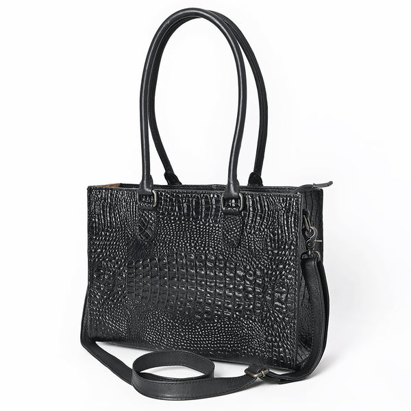 ADBG1737 Black Embossed Croc-Pattern Leather Tote with Dual Handles & Crossbody Strap