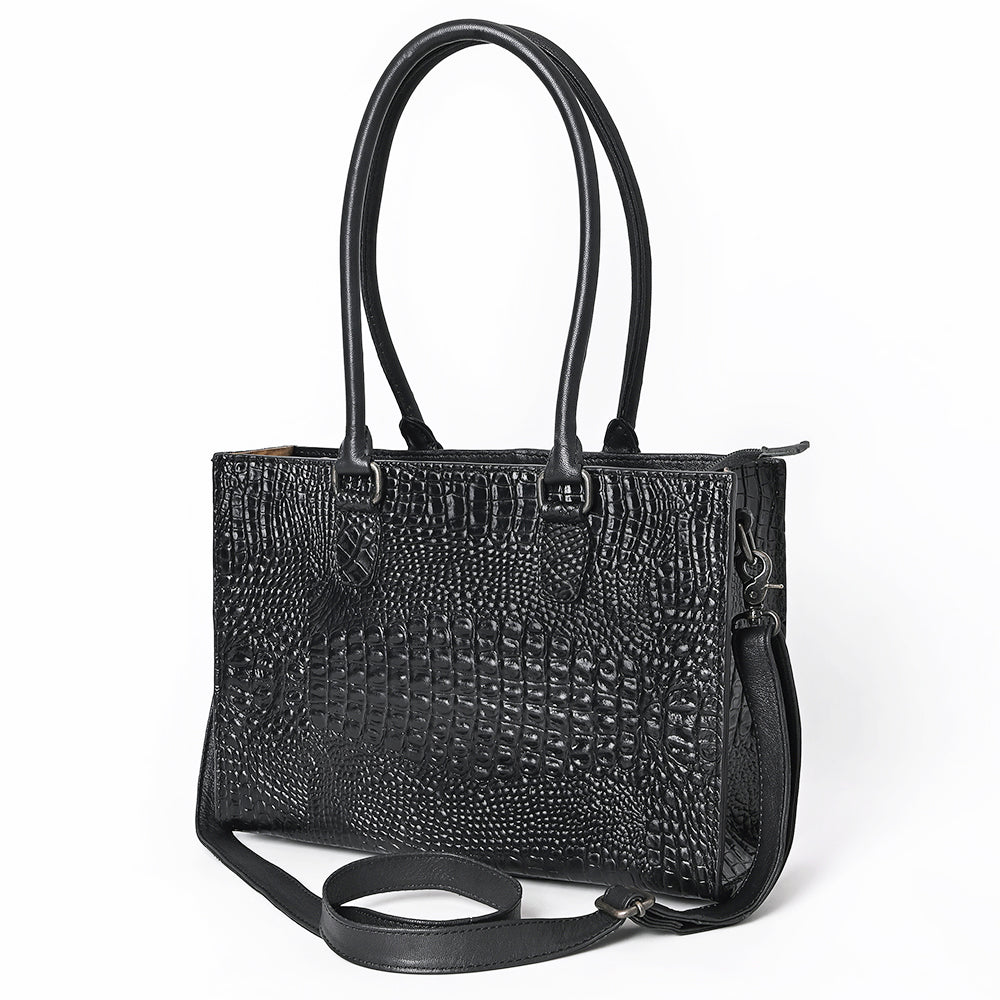 ADBG1737 Black Embossed Croc-Pattern Leather Tote with Dual Handles & Crossbody Strap