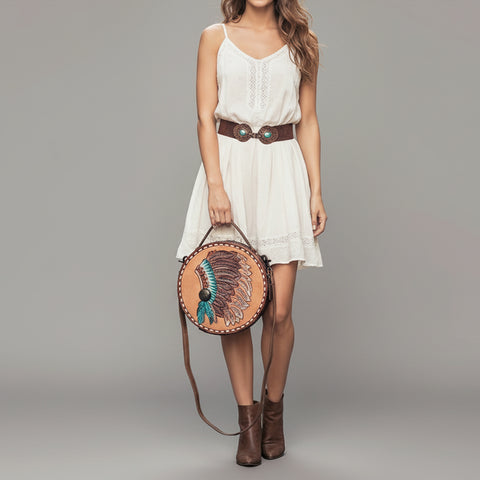 American Darling Western Leather Canteen Bag with Hand Tooled Headdress & Buck Stitched Detail