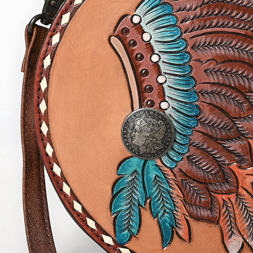 ADBG1740 Round Tooled Leather Crossbody Bag with Hand-Painted Headdress Design Western Artisan Style