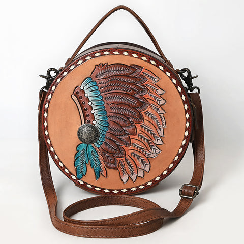 American Darling Western Leather Canteen Bag with Hand Tooled Headdress & Buck Stitched Detail