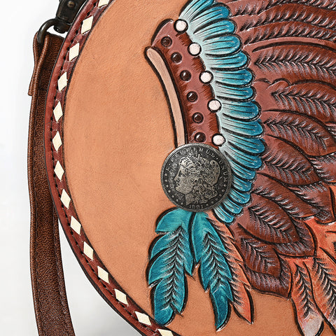 American Darling Western Leather Canteen Bag with Hand Tooled Headdress & Buck Stitched Detail