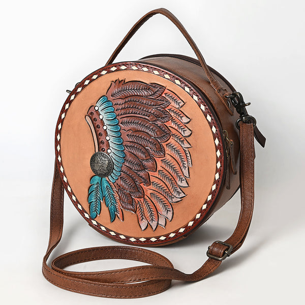 ADBG1740 Round Tooled Leather Crossbody Bag with Hand-Painted Headdress Design Western Artisan Style
