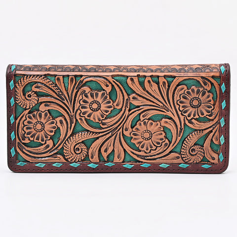 American Darling Western Wallet Bag - Hand Tooled Floral Carved Leather with Buck Stitching