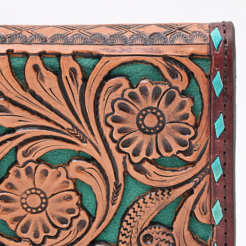 American Darling Western Wallet Bag - Hand Tooled Floral Carved Leather with Buck Stitching