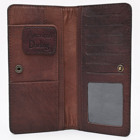 American Darling Western Wallet Bag - Hand Tooled Floral Carved Leather with Buck Stitching