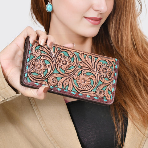 American Darling Western Wallet Bag - Hand Tooled Floral Carved Leather with Buck Stitching