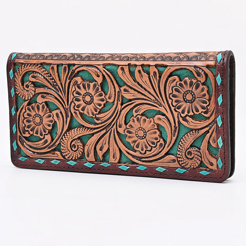 American Darling Western Wallet Bag - Hand Tooled Floral Carved Leather with Buck Stitching