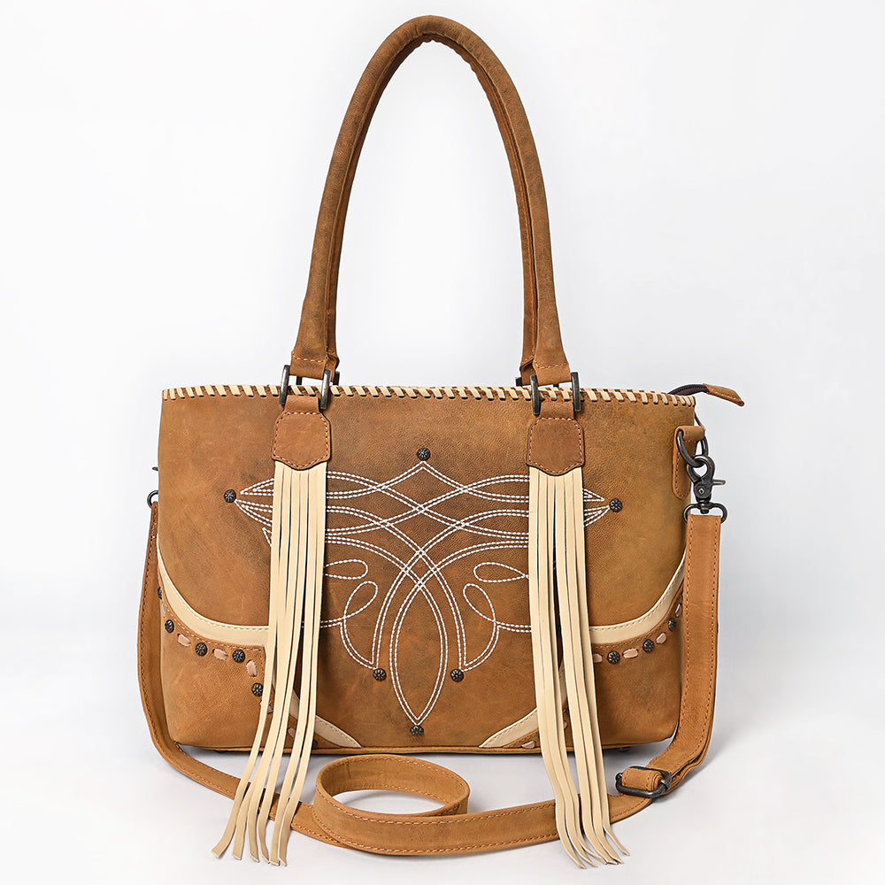 ADBG1743 Tan Genuine suede Western Tote with White Stitch Embroidery, Fringe Tassels & Crossbody Strap