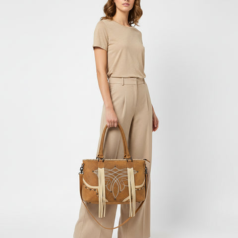 American Darling Western Leather Cross body Bag with Boot Stitching and Fringes