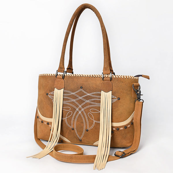 ADBG1743 Tan Genuine suede Western Tote with White Stitch Embroidery, Fringe Tassels & Crossbody Strap