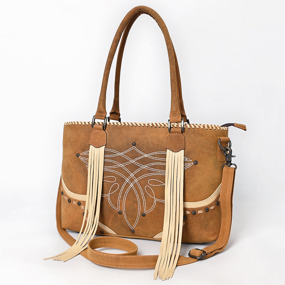 ADBG1743 Tan Genuine suede Western Tote with White Stitch Embroidery, Fringe Tassels & Crossbody Strap