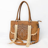 ADBG1743 Tan Suede Western Tote with White Stitch Embroidery, Fringe Tassels & Crossbody Strap