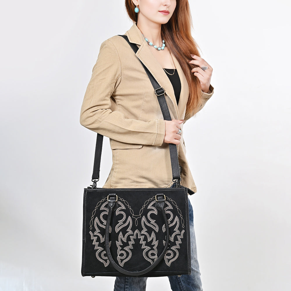 ADBG1744 Suede Western Tote with White Embroidered Stitching & Diamond Whipstitch Trim