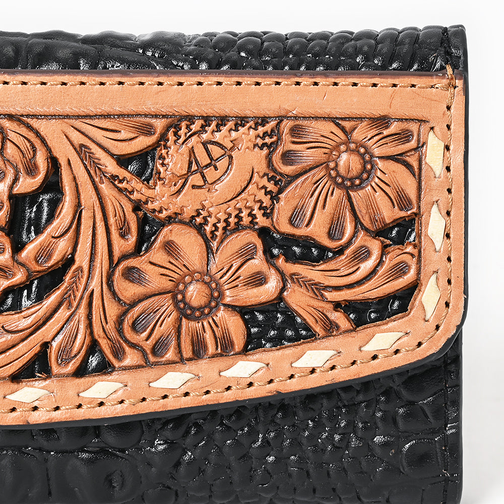 ADBG1745 Tooled Leather Floral Wallet Black Croc Embossed Base with Tan Hand-Carved Overlay